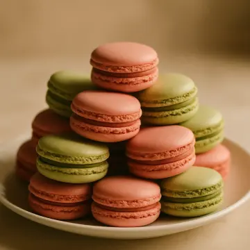 A close-up of a generous stack of pink and green macarons on a white plate.