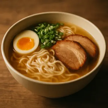 A bowl of ramen with noodles, sliced pork, a soft-boiled egg, and green onions.