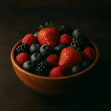 A wooden bowl brimming with fresh strawberries, blueberries, raspberries, and blackberries.
