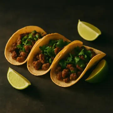 Three delicious tacos filled with meat and cilantro, served alongside fresh lime wedges.
