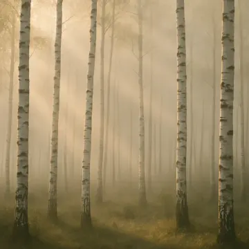 Jigsaw puzzle: Sunlight streams through a foggy forest of white-barked birch trees, illuminating the undergrowth.