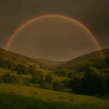 Jigsaw puzzle: A colorful rainbow arches over a lush green valley with rolling hills and scattered trees.
