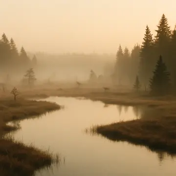 A winding river flows through a misty, golden-hued forest at dawn.
