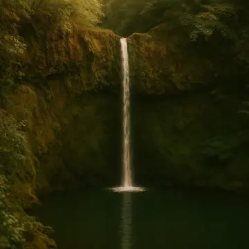 A tall, narrow waterfall plunges into a dark green pool surrounded by lush, mossy cliffs.