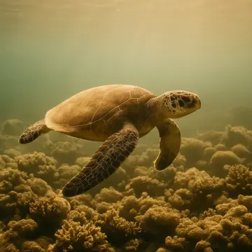 Puzzle: Une tortue marine verte nage gracieusement au-dessus d'un récif corallien brun dans une eau ensoleillée.