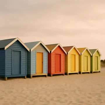 Puzzle: Une rangée de six cabanes de plage colorées se dresse sur une plage de sable sous un ciel pâle.