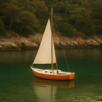 Puzzle: Un voilier orange et blanc flotte sur une eau verte calme près d'un rivage rocheux et boisé.