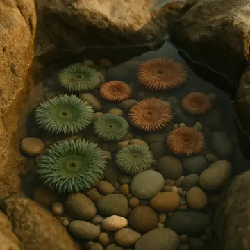 Puzzle: Des anémones de mer vertes et oranges sont nichées parmi des galets lisses dans une mare claire.