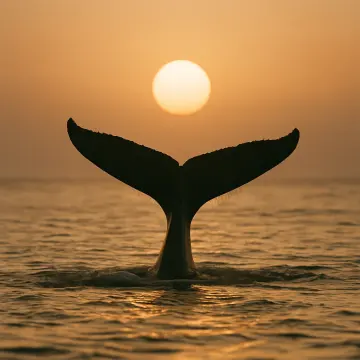 Puzzle: Une queue de baleine plonge dans l'eau dorée de l'océan sous un grand soleil couchant.