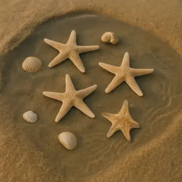 Four starfish and several small seashells rest in a shallow pool on wet sand.