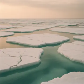 Numerous white ice floes float on tranquil teal water under a pale orange sky.