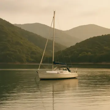 A white sailboat with a blue cover rests on calm water before hazy green mountains.
