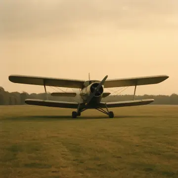 A vintage biplane with a propeller stands on a green grassy airfield under a hazy sky.