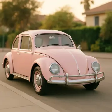 A light pink vintage Volkswagen Beetle car is parked on a suburban street at dusk.