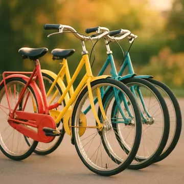 Three bicycles in red, yellow, and blue are parked side-by-side on a paved path.