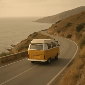 Jigsaw puzzle: A vintage yellow camper van drives along a winding coastal road beside the calm sea.