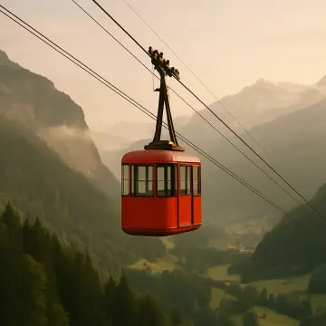 Jigsaw puzzle: A vibrant red cable car carriage glides high above a lush green mountain valley.