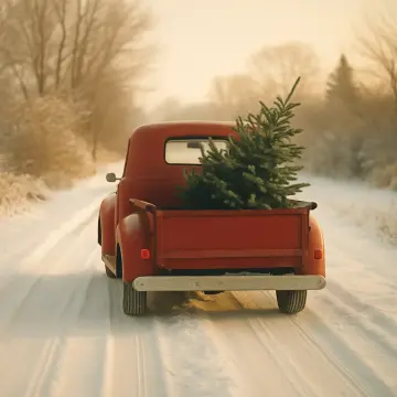 Jigsaw puzzle: A vintage red pickup truck drives down a snowy road with a Christmas tree.