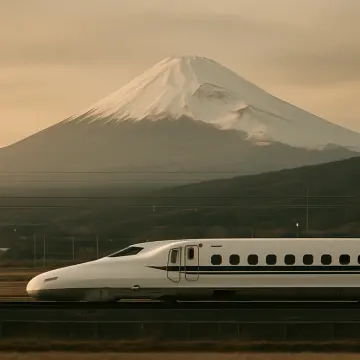 Jigsaw puzzle: A Japanese bullet train speeds past Mount Fuji under an overcast sky.