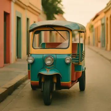 Jigsaw puzzle: A brightly painted teal and yellow tuk-tuk sits on a cobblestone street in a historic town.