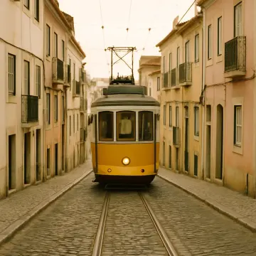 A classic yellow tram ascends a narrow, cobbled street in a historic European city.
