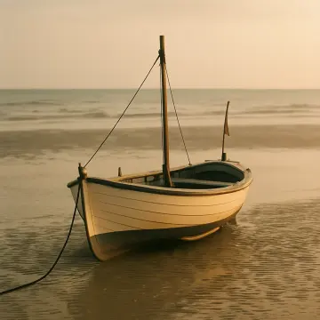 A small white and blue wooden boat floats gently on calm, shallow water at sunset.