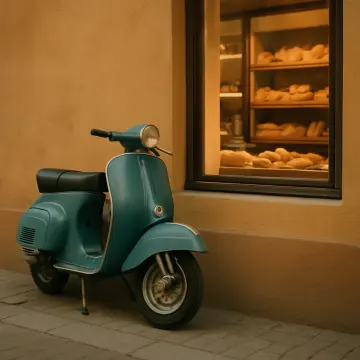 A vintage teal scooter is parked on a sidewalk next to a window displaying bread.