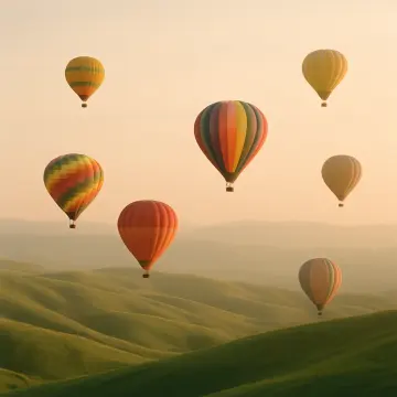 Seven colorful hot air balloons float above rolling green hills under a golden sky.